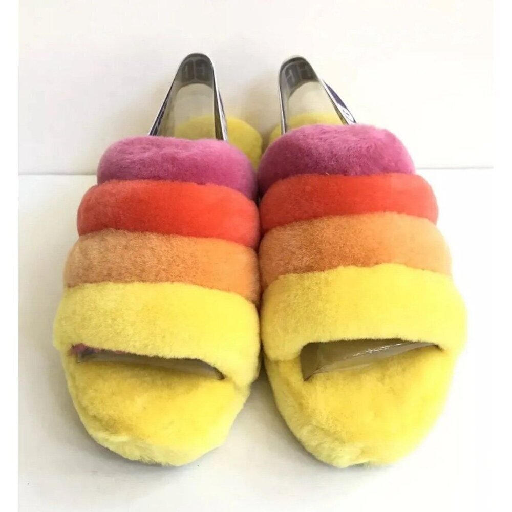 UGG WOMEN FLUFF YEAH SLIDE PRIDE RAINBOW YELLOW SANDAL Size 8.0 US - Picture 11 of 12